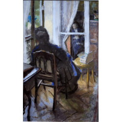 At the window woman reading a book and looking out the window20th century