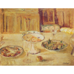 Bowls of fruit and biscuits and wineglass