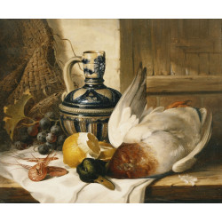 A mallard a jug a peeled lemon grapes and shrimps on draped ledge A mallard a jug a peeled lemon grapes and shrimps on draped ledge