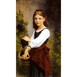 A young girl holding a basket of grapes