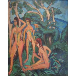 Bathers beneath trees