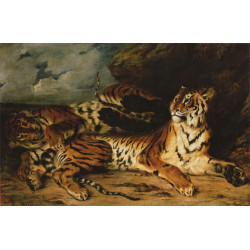 A young tiger playing with its mother 1831