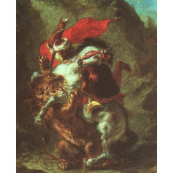 Arab horseman attacked by lion 1850