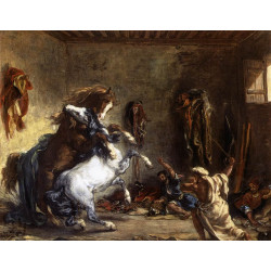 Arab horses fighting in a stable 1860