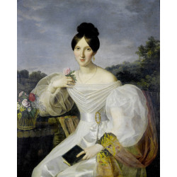 A lady in a white dress and shawl before a viennese landscape
