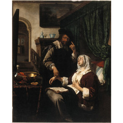 A physician taking the pulse of a female patient who is touc wellcome