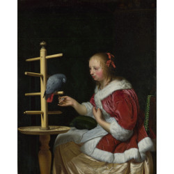 A woman in a red jacket feeding a parrot