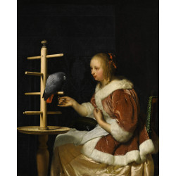 A young woman in a red jacket feeding a parrot 1663