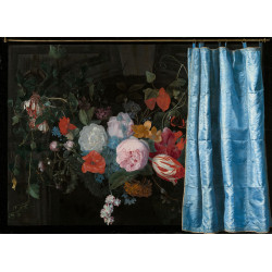 Adriaen van der spelt trompe l oeil still life with a flower garland and a curtain...