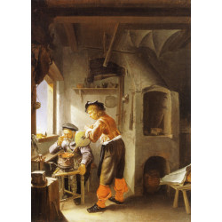 An alchemist and his assistant in a workshop