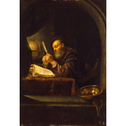 An old scholar sharpening his quill pen