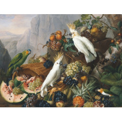 Fruit still life with parrots