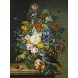 Still life with poppies and an african grey parrot psittacus erithacus on a marble ledge...