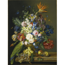 Still life with roses and a green parrot amazona aestiva on a marble ledge