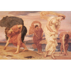 Greek girls picking up pebbles by the sea