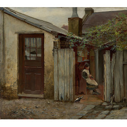 Maedchen mit vogel vor der king street baeckerei 1886