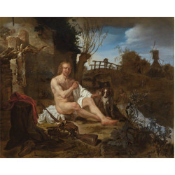 A hunter getting dressed after bathing