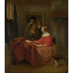 A woman seated at a table and a man tuning a violin