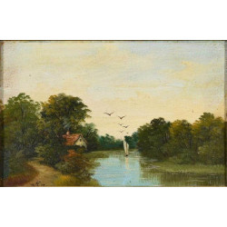 Cottage and boat on a river