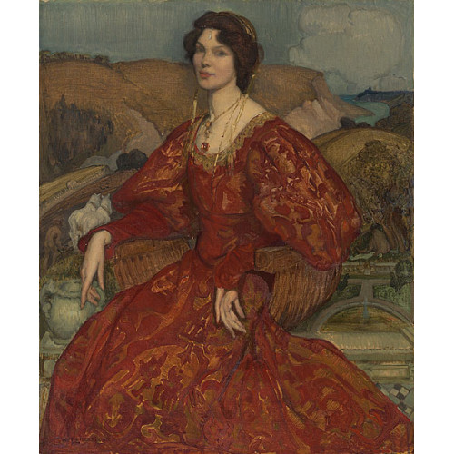 Sybil waller in a red and gold dress 1905