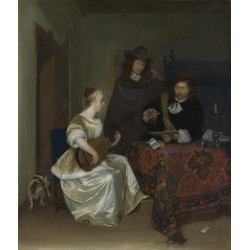 A woman playing a theorbo to two men