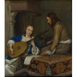 A woman playing the theorbo lute and a cavalier