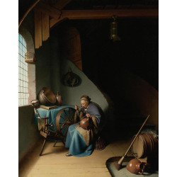 An elderly woman seated by a window at her spinning wheel