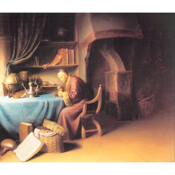 An old man lighting his pipe in a study
