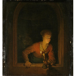 Girl with an oil lamp at a window