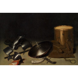 Still life with armor shield halberd sword leather jacket and drum