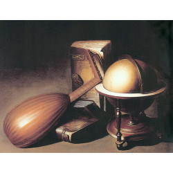 Still life with globe lute and books