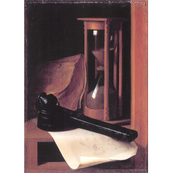 Still life with hourglass pencase and print