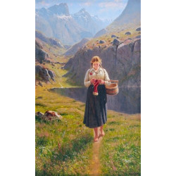A girl knitting in a norwegian landscape