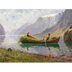 Fjord landscape with rowing boat harvest