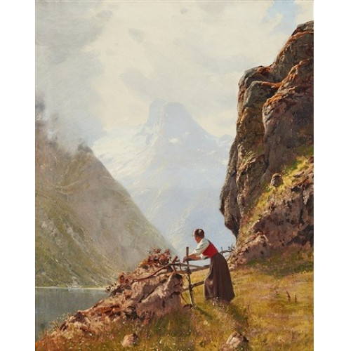 Girl in norwegian fjord landscape