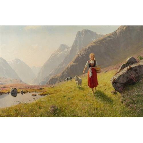 Girl with a wooden bucket leading goats