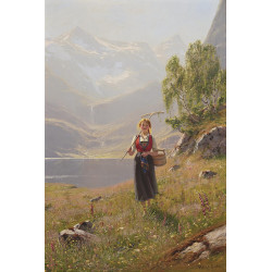 Girl with rake in fjord landscape