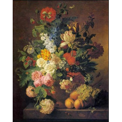 Still life of roses peonies tulips auriculas an iris and other flowers in an alabaster vas...