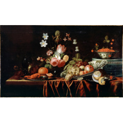 Still life with fruit flowers and crayfish
