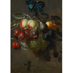 A still life with fruit hanging from a blue ribbon tied to a hook
