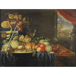 A still life with grapes lemons apricots