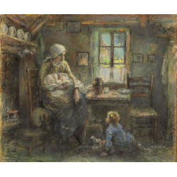 A peasant mother and her two children in an interior