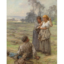 Hay reapers and two women in the morning