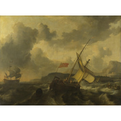 An english vessel and a man of war in a rough sea