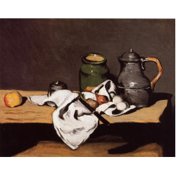 Still life with green pot and pewter jug