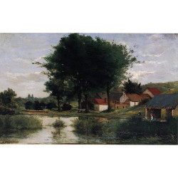 Autumn landscape farm and pond 1877