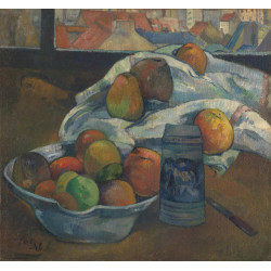 Bowl of fruit and tankard before a window