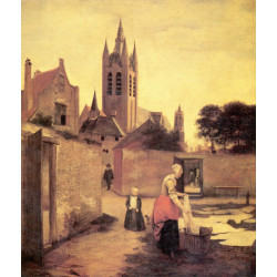 A woman and a child on a bleichwiese A woman and a child on a bleichwiese