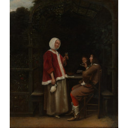 A woman and two men in an arbor