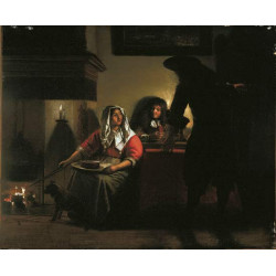 Interior with two gentleman and a woman beside a fire